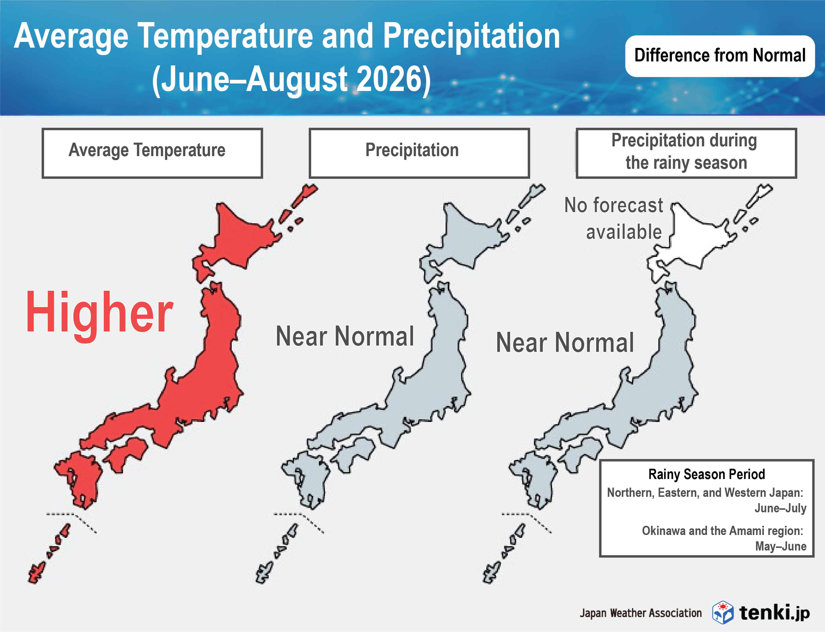 Japan Weather Association Average Temperature and Precipitation Forecasts June to August 2026(Difference from Normal)